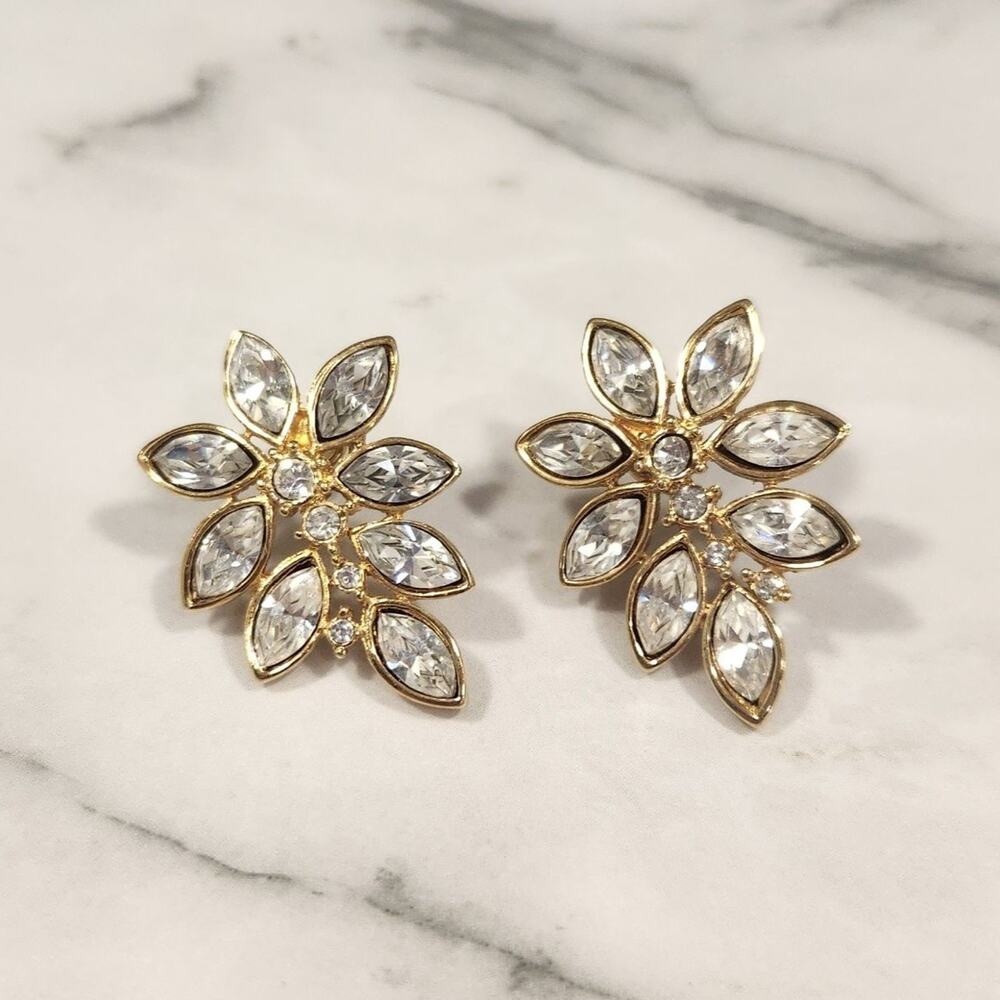 Vintage Gold Tone Rhinestone Cluster Statement Earrings Prom Glam - Picture 2 of 8